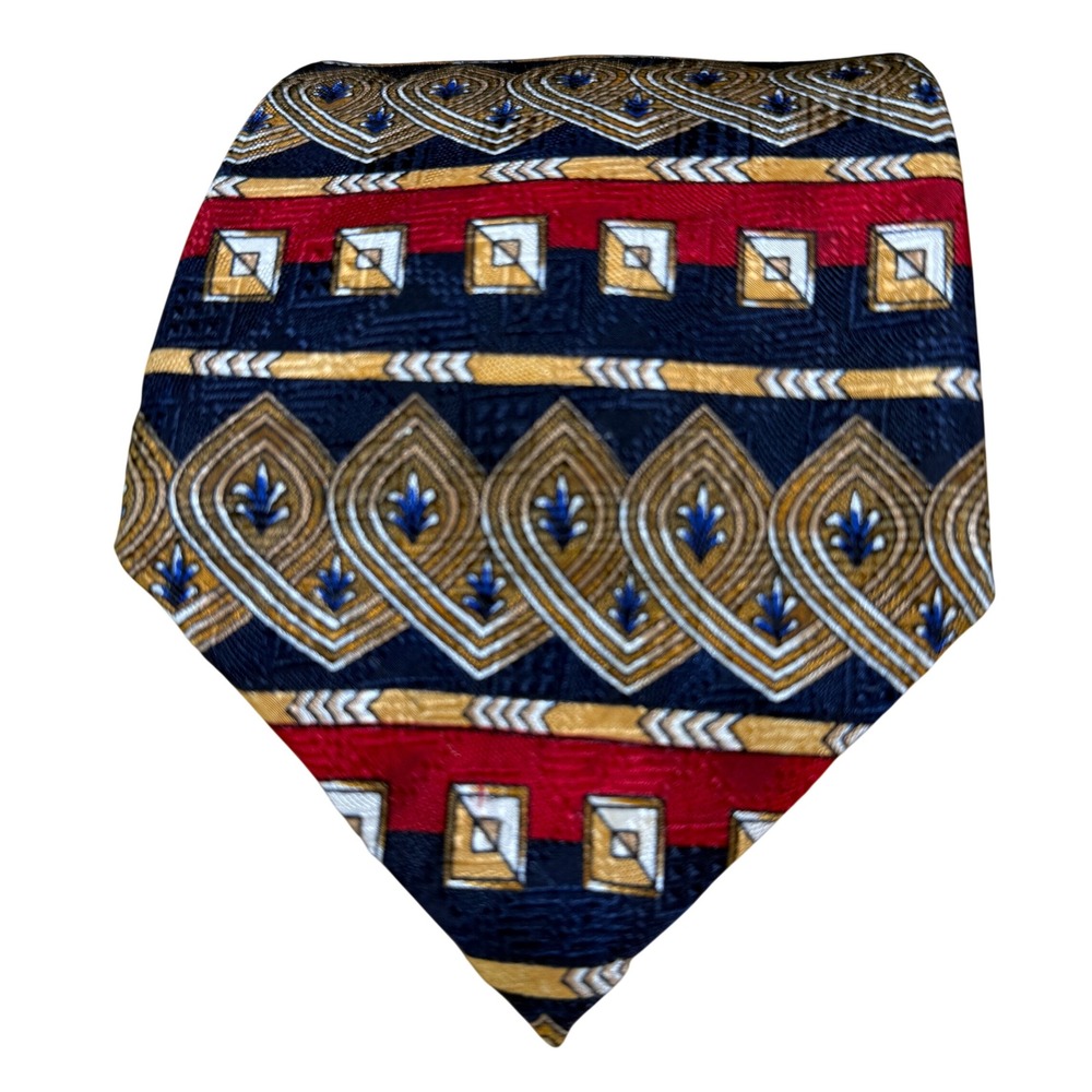 Barbara Blank Silk Necktie Mens One Size Navy Red Gold Geometric Medallion USA